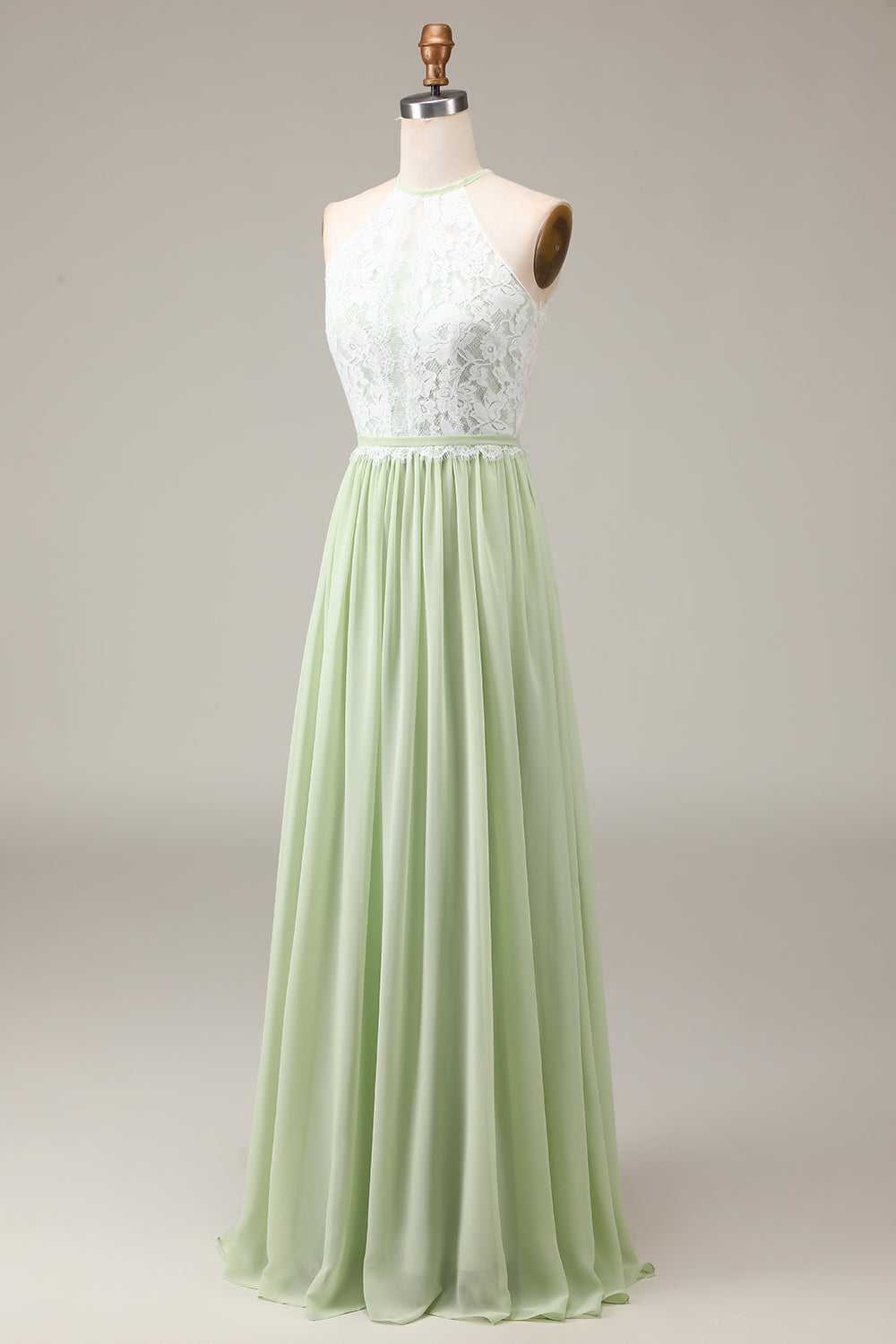 Staubiger Salbei Neckholder Kleid aus Spitze und Chiffon in A-Linie bodenlanges Brautjungfernkleid