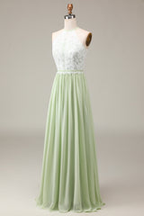 Staubiger Salbei Neckholder Kleid aus Spitze und Chiffon in A-Linie bodenlanges Brautjungfernkleid