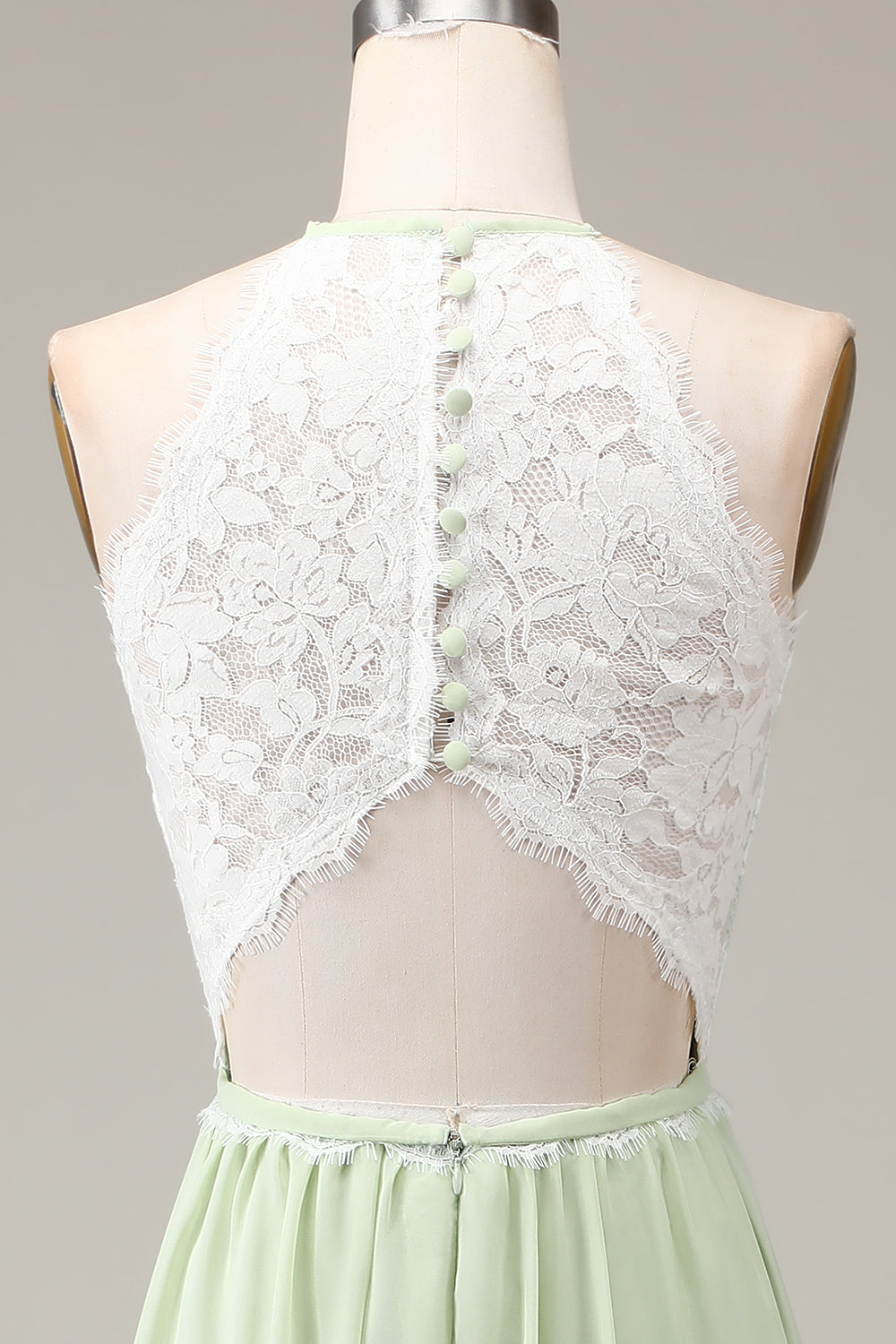Staubiger Salbei Neckholder Kleid aus Spitze und Chiffon in A-Linie bodenlanges Brautjungfernkleid