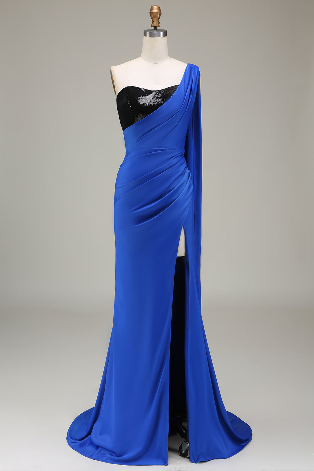 Königsblaues plissiertes Ballkleid aus Satin und Pailletten mit Schlitz