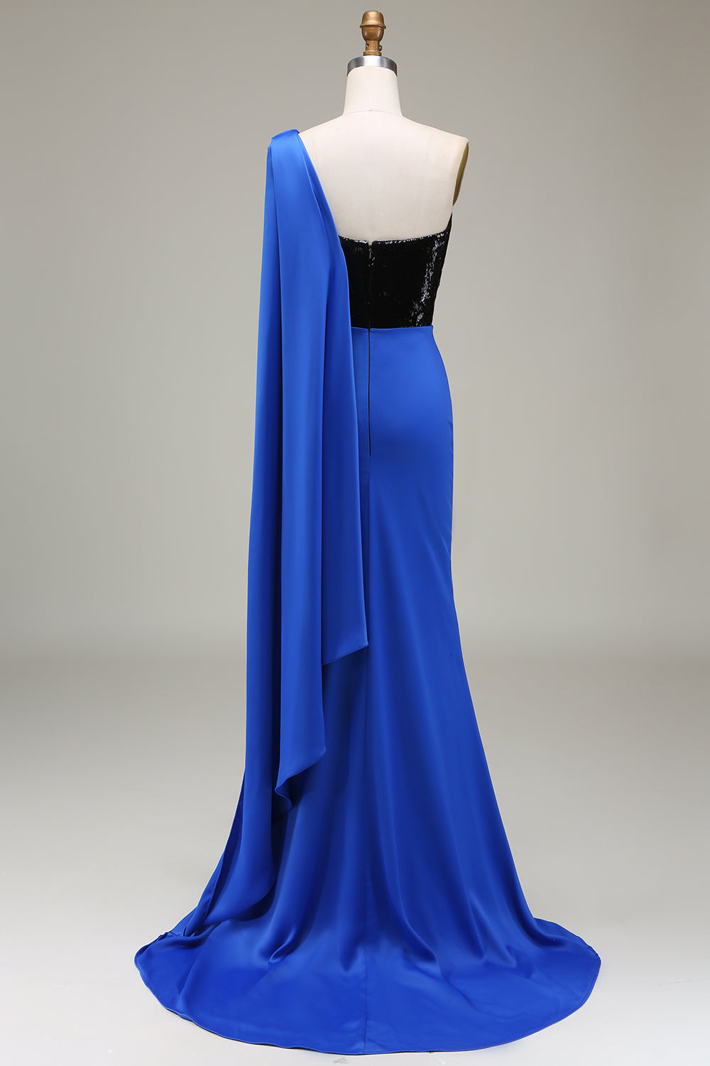 Königsblaues plissiertes Ballkleid aus Satin und Pailletten mit Schlitz