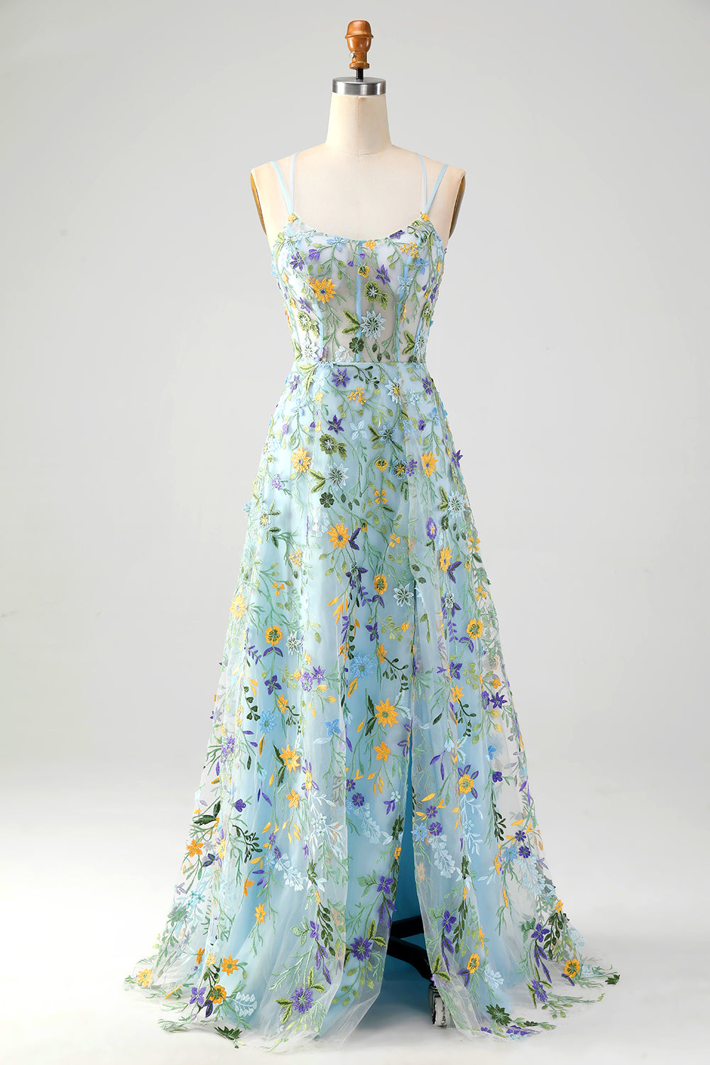 Zapaka Damen Blaues Blume Ballkleid mit Schlitz Spaghettiträger Korsett Bedrucktes Formelles Abendkleid mit Stickerei