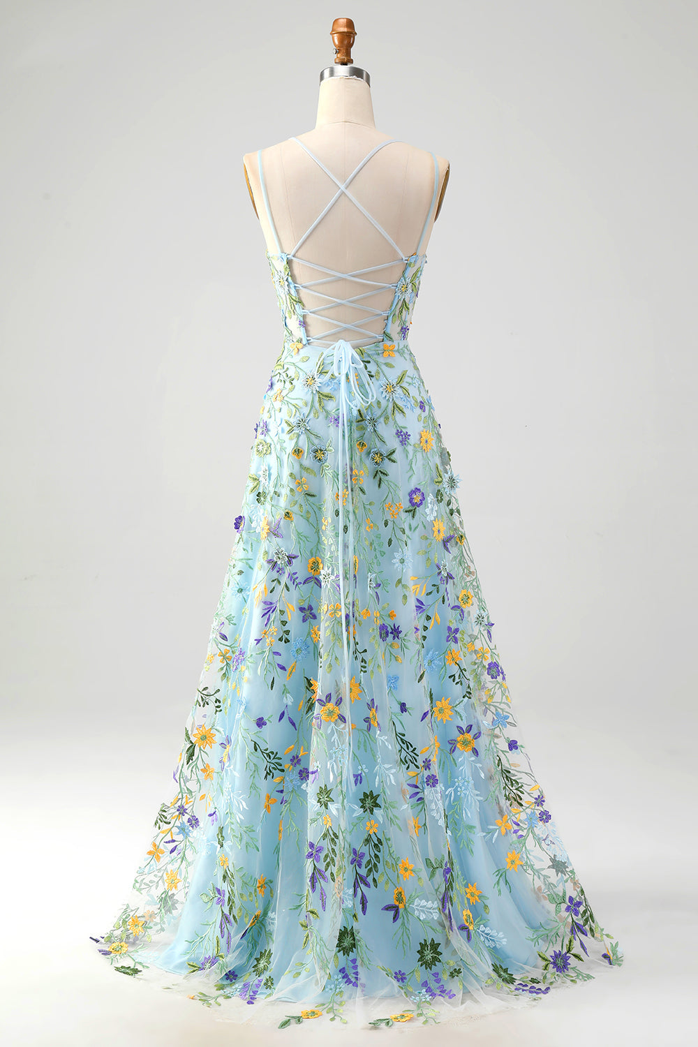 Blaue Blume A Linie Spaghettiträger Korsett Besticktes Ballkleid mit Schlitz