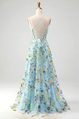 Blaue Blume A Linie Spaghettiträger Korsett Besticktes Ballkleid mit Schlitz
