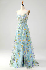 Blaue Blume A Linie Spaghettiträger Korsett Besticktes Ballkleid mit Schlitz
