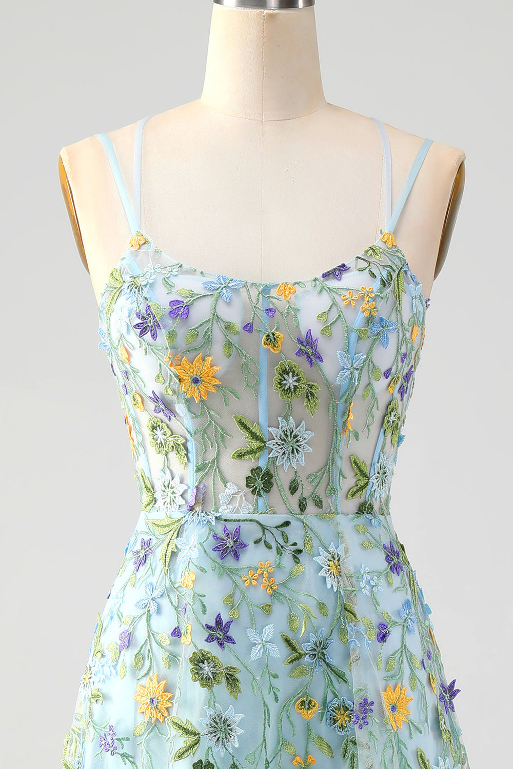 Blaue Blume A Linie Spaghettiträger Korsett Besticktes Ballkleid mit Schlitz