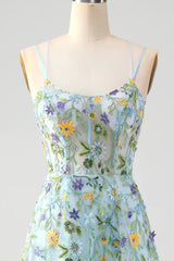 Blaue Blume A Linie Spaghettiträger Korsett Besticktes Ballkleid mit Schlitz