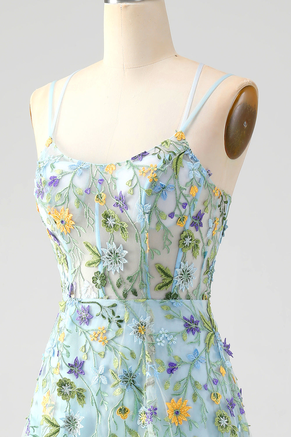 Blaue Blume A Linie Spaghettiträger Korsett Besticktes Ballkleid mit Schlitz
