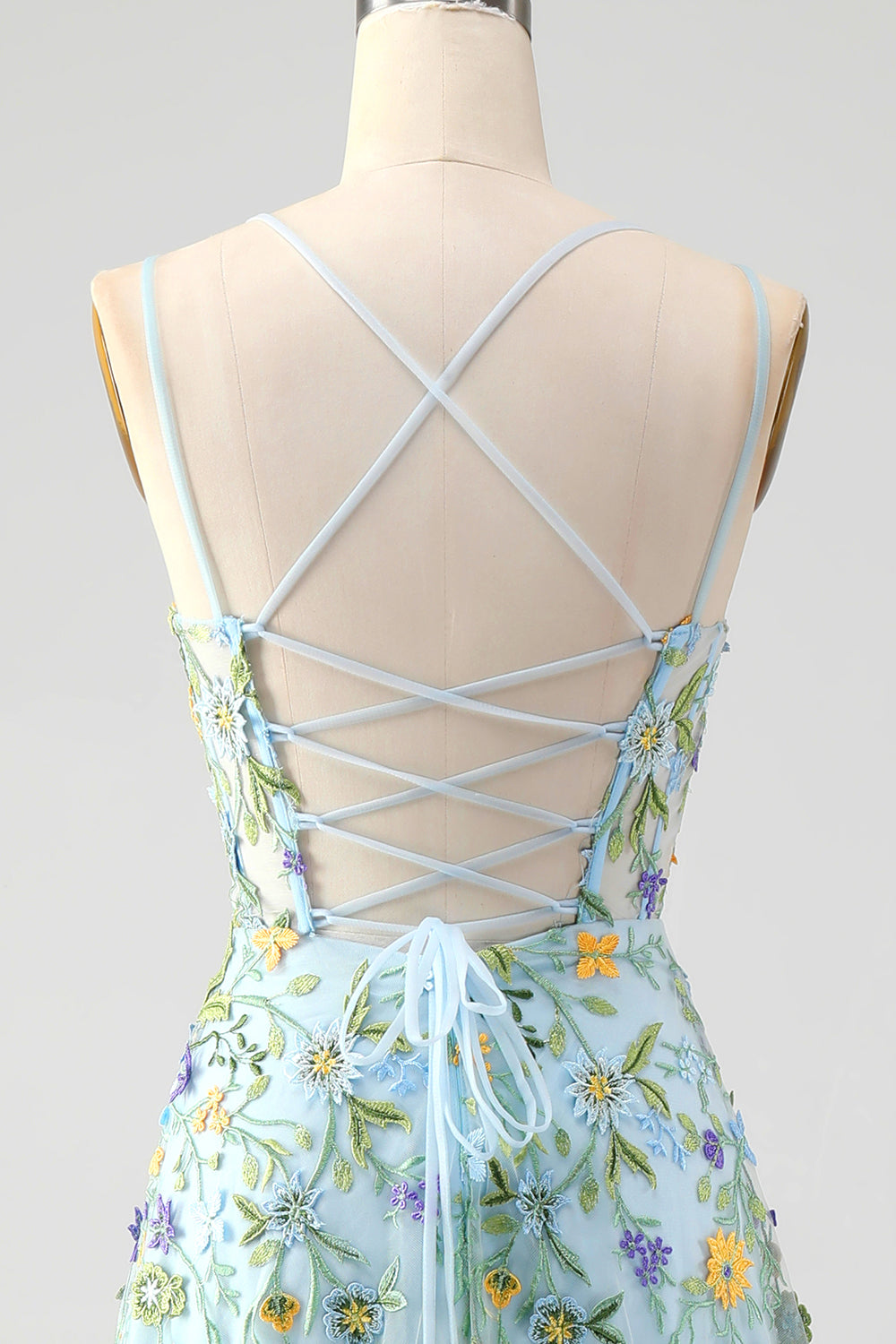 Blaue Blume A Linie Spaghettiträger Korsett Besticktes Ballkleid mit Schlitz