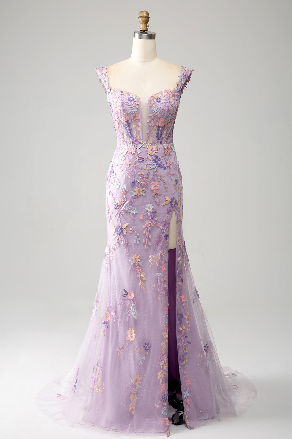 Mauve Schulterfreies Langes besticktes Meerjungfrauen Ballkleid mit Schlitz