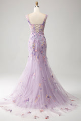 Mauve Schulterfreies Langes besticktes Meerjungfrauen Ballkleid mit Schlitz