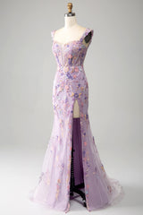Mauve Schulterfreies Langes besticktes Meerjungfrauen Ballkleid mit Schlitz