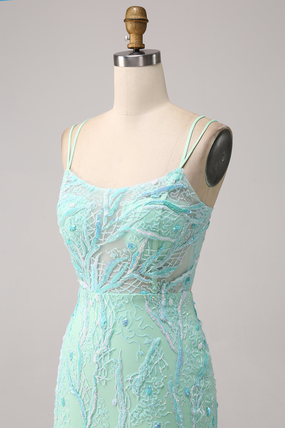Grüne Meerjungfrau Spaghettiträger Pailletten Langes Ballkleid mit Schlitz