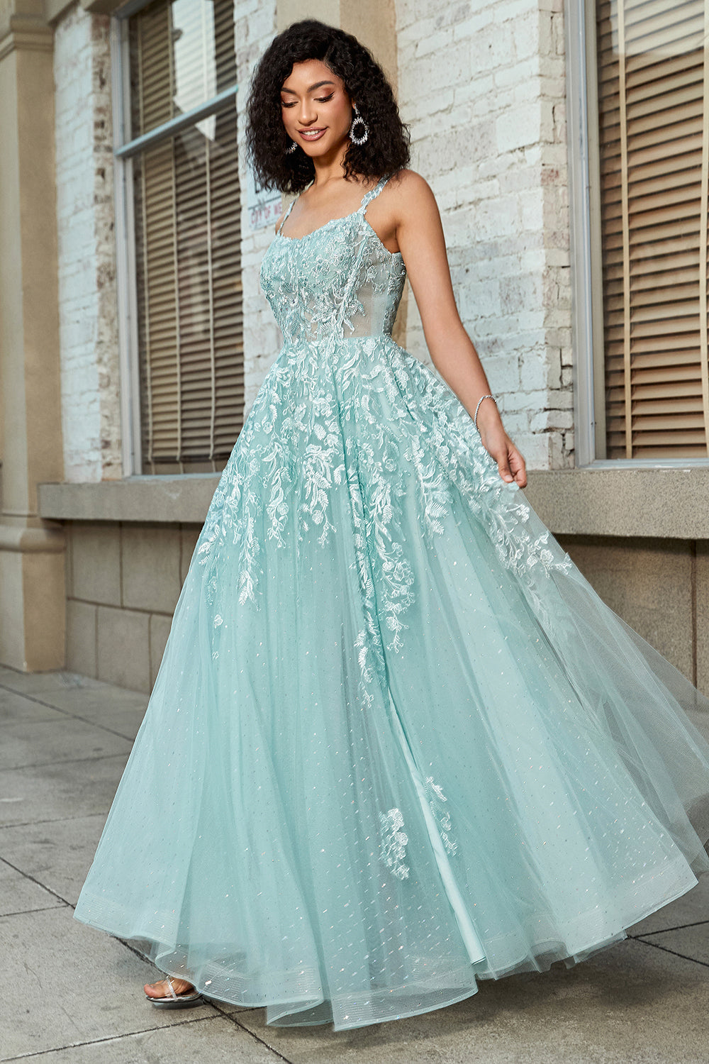 A-Linie Spaghettiträger Mint Korsett Ballkleid mit Applikationen