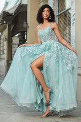 A-Linie Spaghettiträger Mint Korsett Ballkleid mit Applikationen