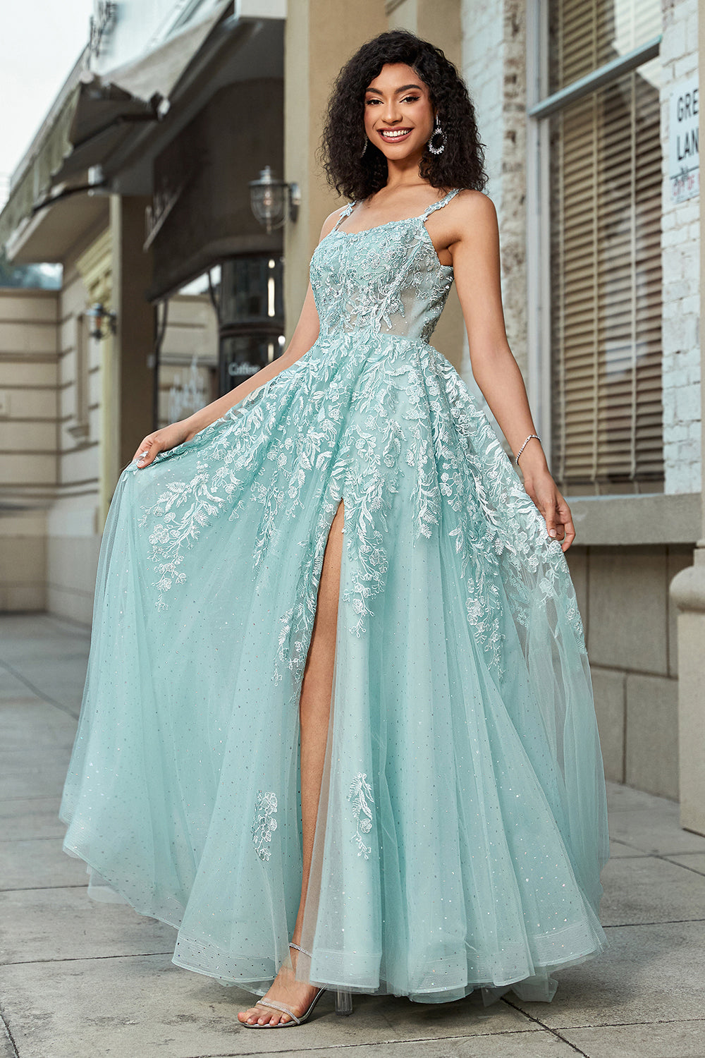 A-Linie Spaghettiträger Mint Korsett Ballkleid mit Applikationen