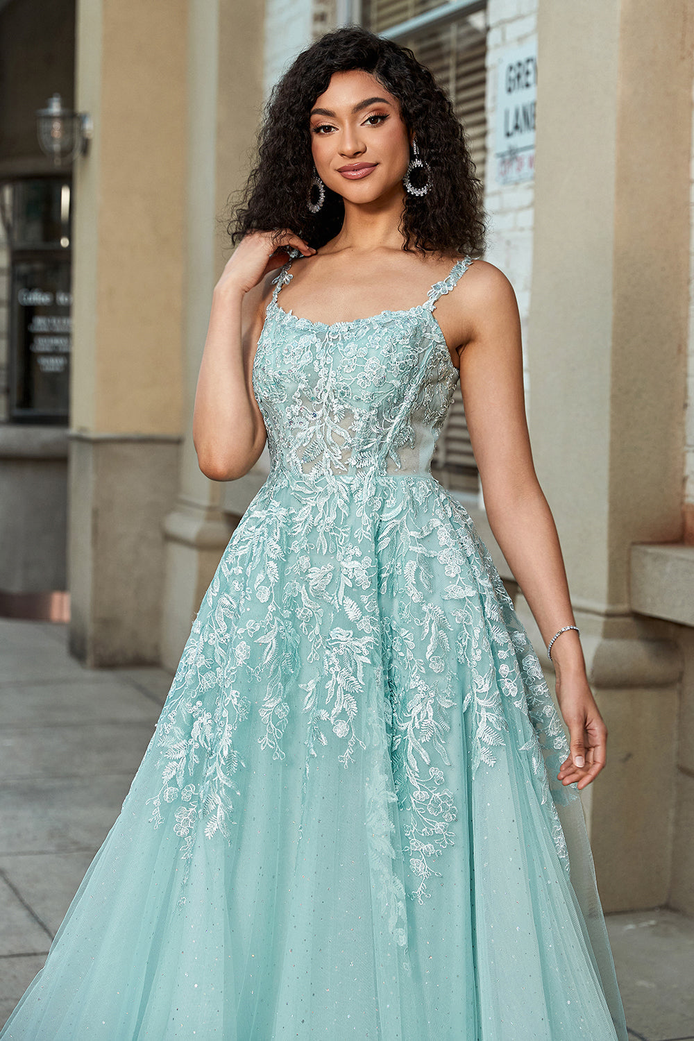 A-Linie Spaghettiträger Mint Korsett Ballkleid mit Applikationen