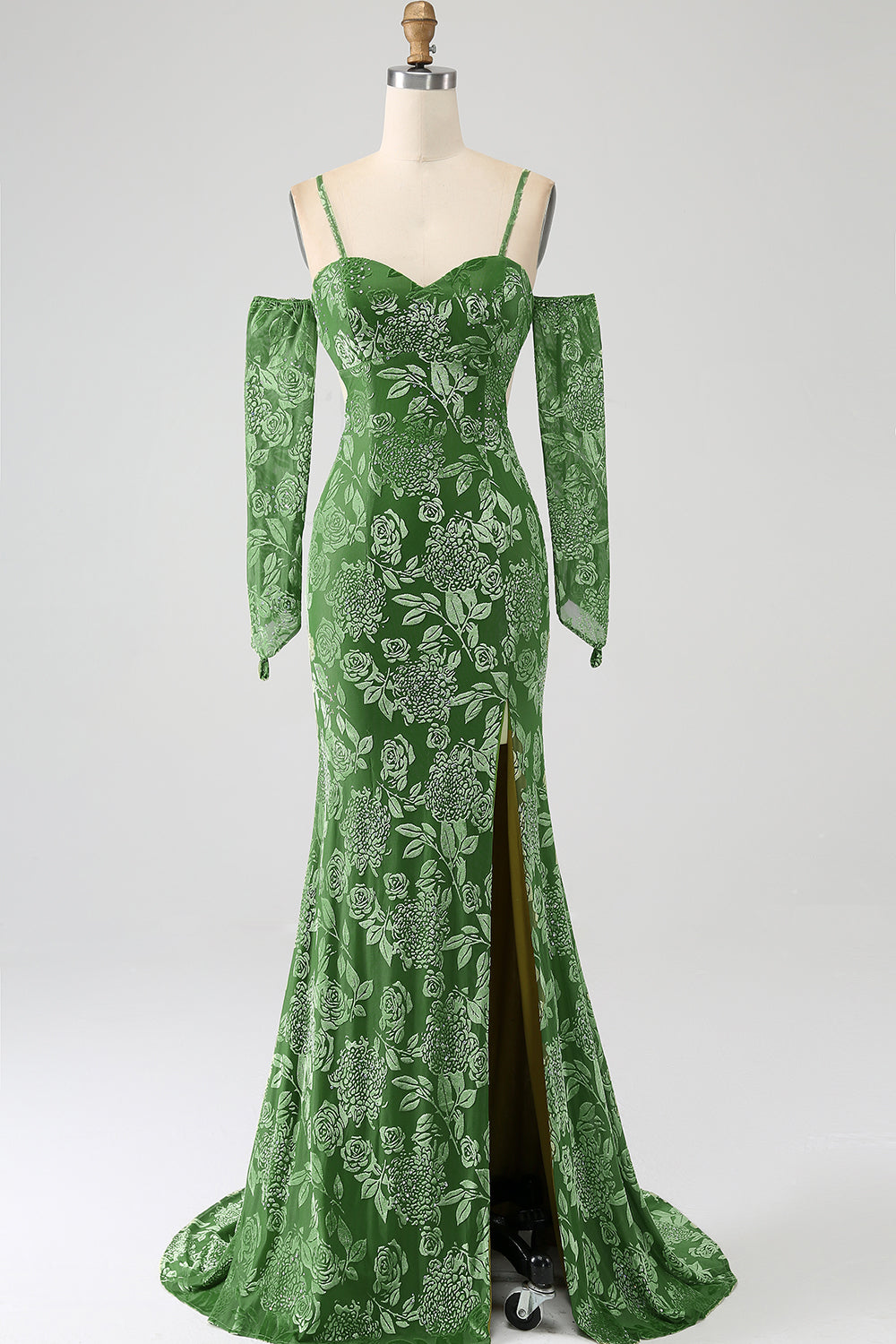 Meerjungfrau schulterfreies olive bedrucktes langes Ballkleid mit Schlitz