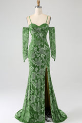 Meerjungfrau schulterfreies olive bedrucktes langes Ballkleid mit Schlitz