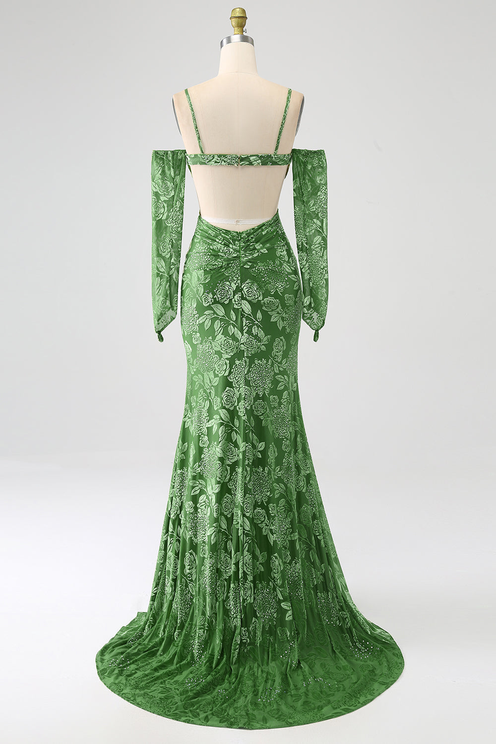 Meerjungfrau schulterfreies olive bedrucktes langes Ballkleid mit Schlitz