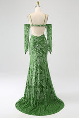 Meerjungfrau schulterfreies olive bedrucktes langes Ballkleid mit Schlitz