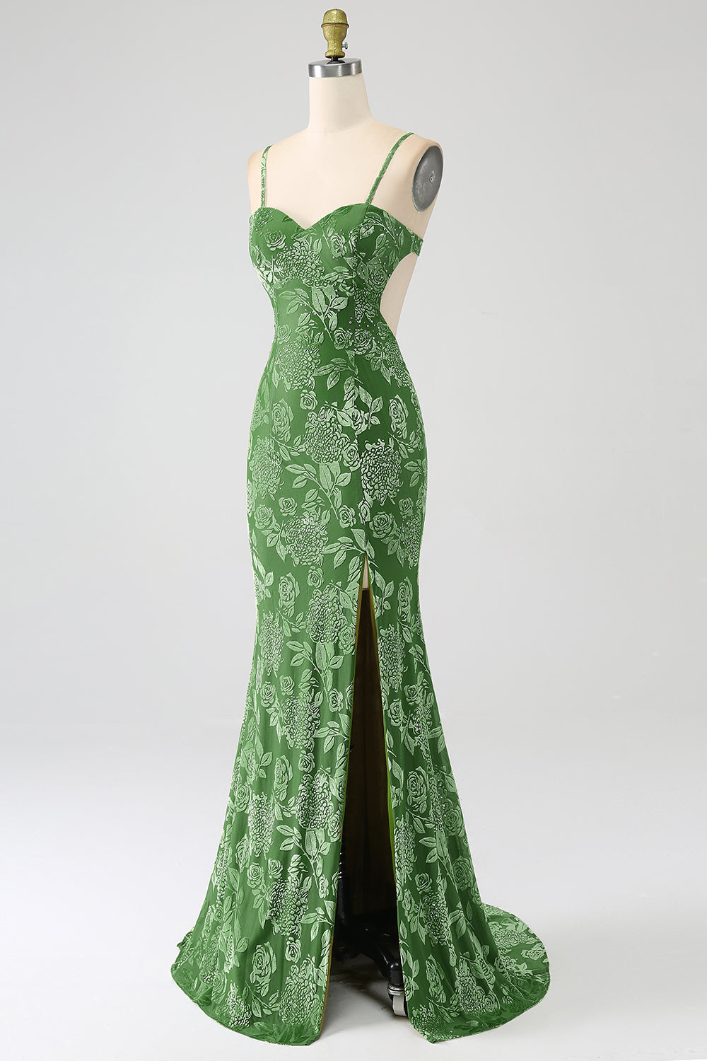 Meerjungfrau schulterfreies olive bedrucktes langes Ballkleid mit Schlitz