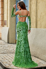 Olive Meerjungfrauen Spaghettiträger Abendkleid mit Blumendruck und Schlitz