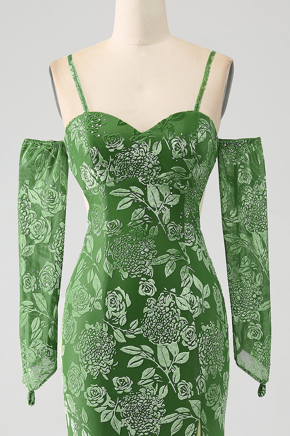 Meerjungfrau schulterfreies olive bedrucktes langes Ballkleid mit Schlitz