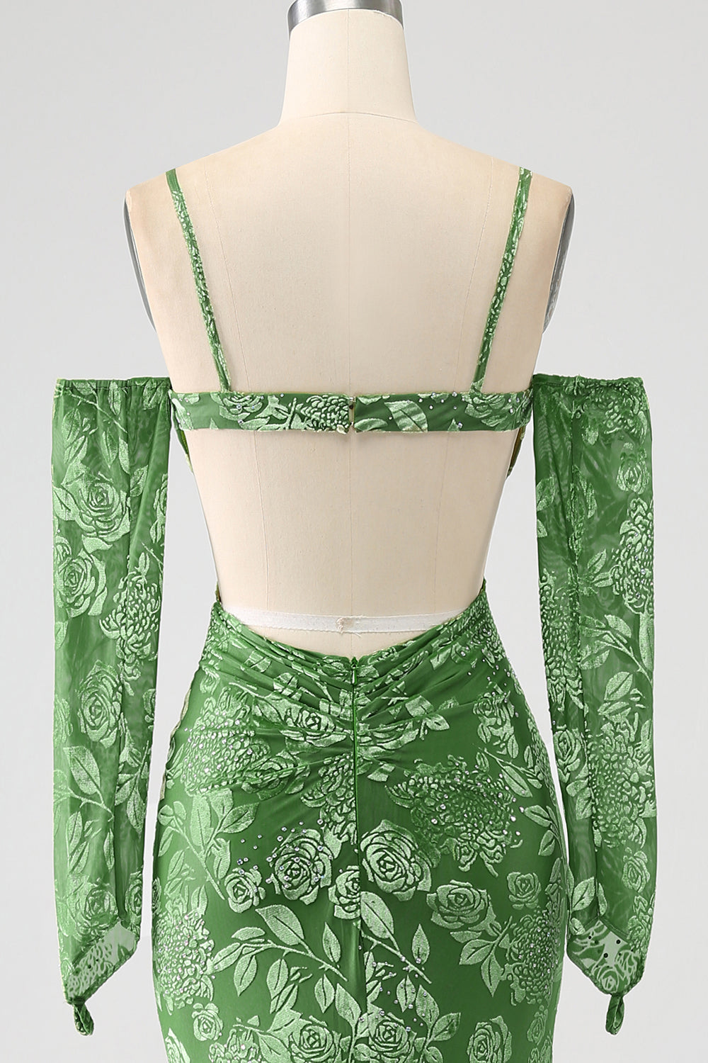 Meerjungfrau schulterfreies olive bedrucktes langes Ballkleid mit Schlitz