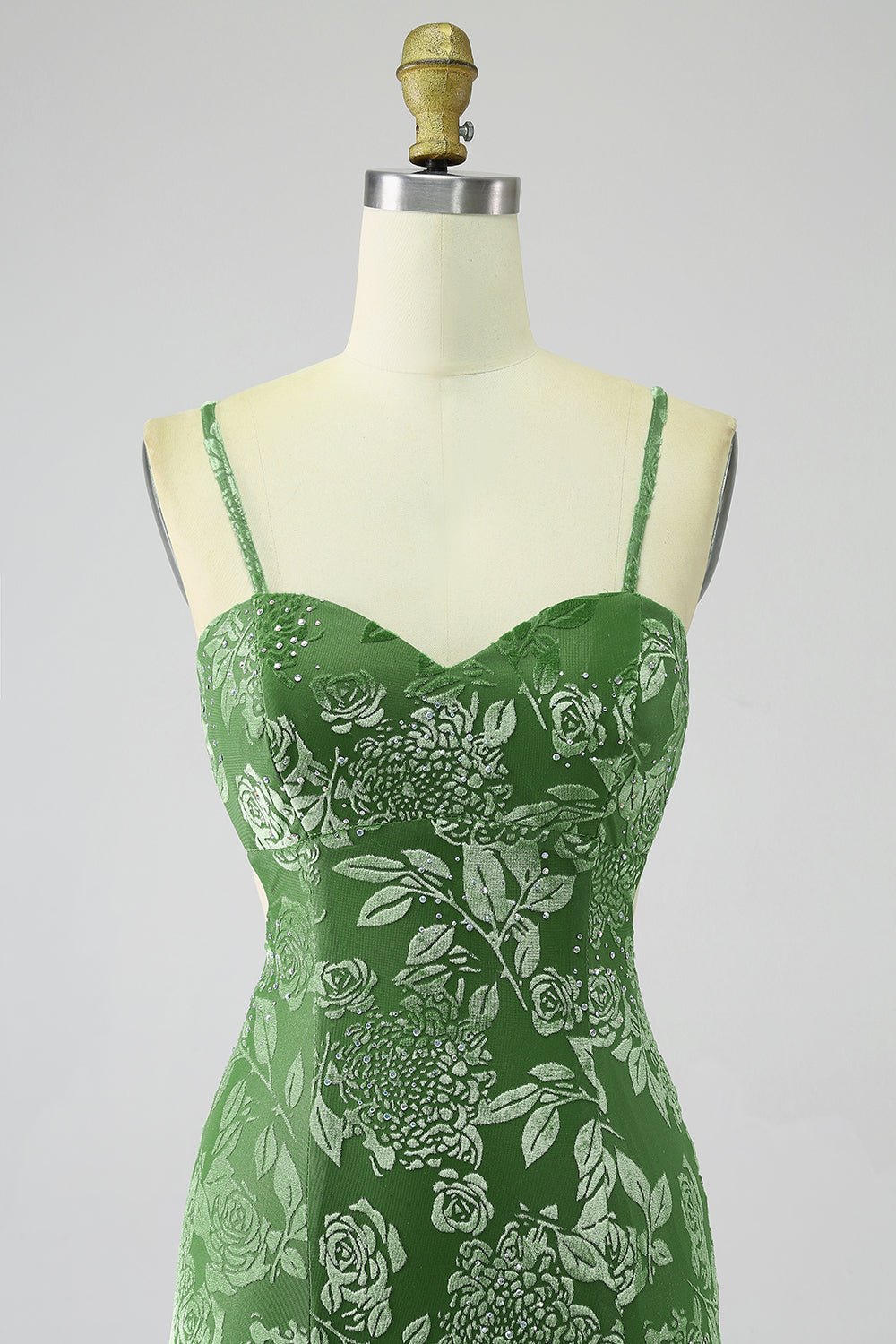 Meerjungfrau schulterfreies olive bedrucktes langes Ballkleid mit Schlitz