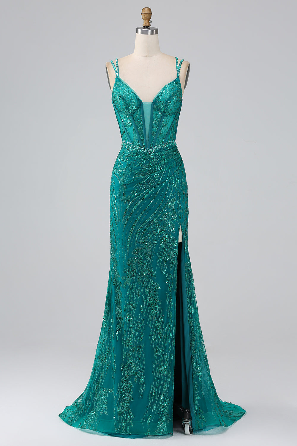 Dunkelgrünes glitzerndes Meerjungfrauen Spaghettiträger Korsett Ballkleid mit Schlitz