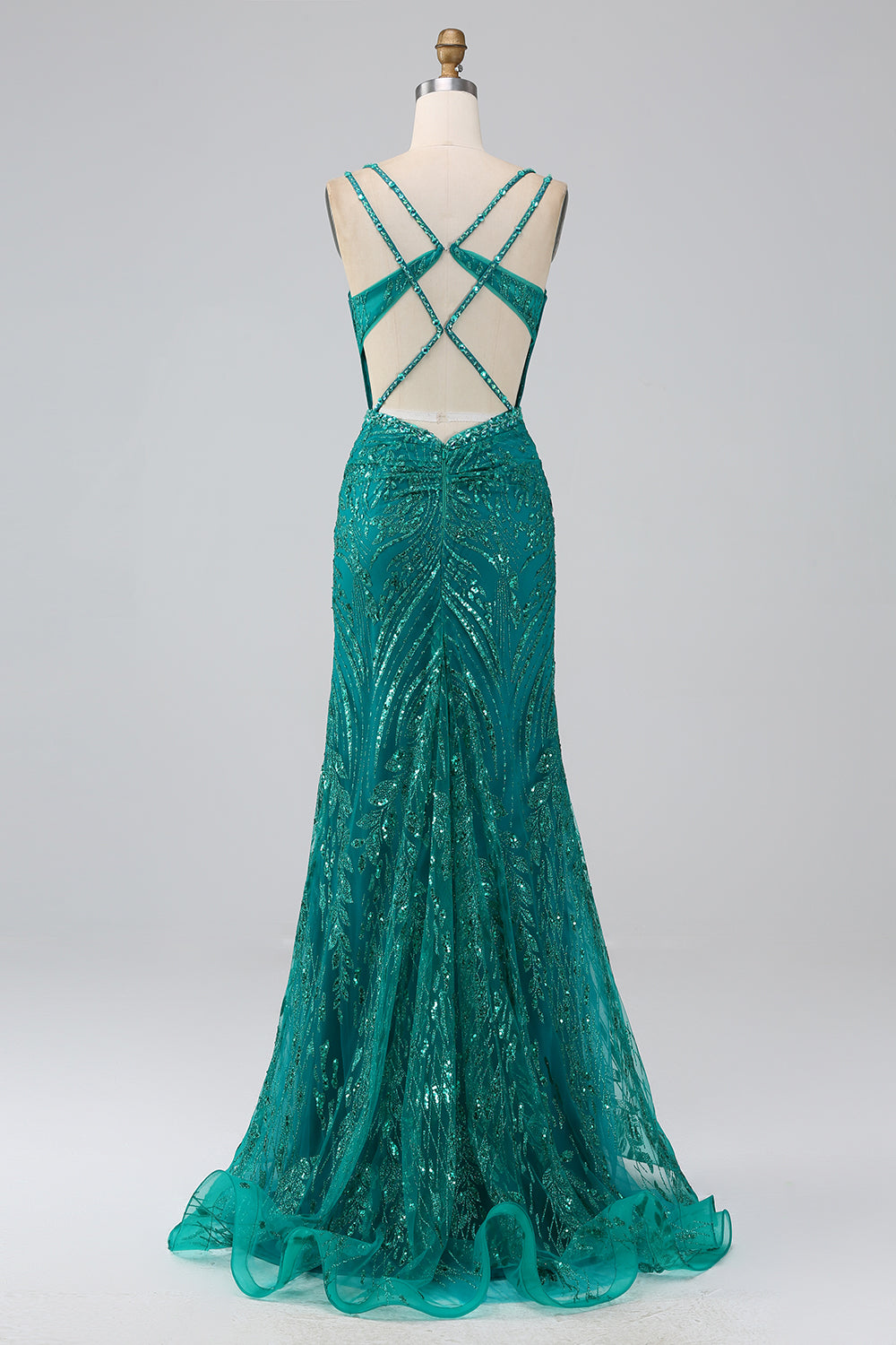 Dunkelgrünes glitzerndes Meerjungfrauen Spaghettiträger Korsett Ballkleid mit Schlitz