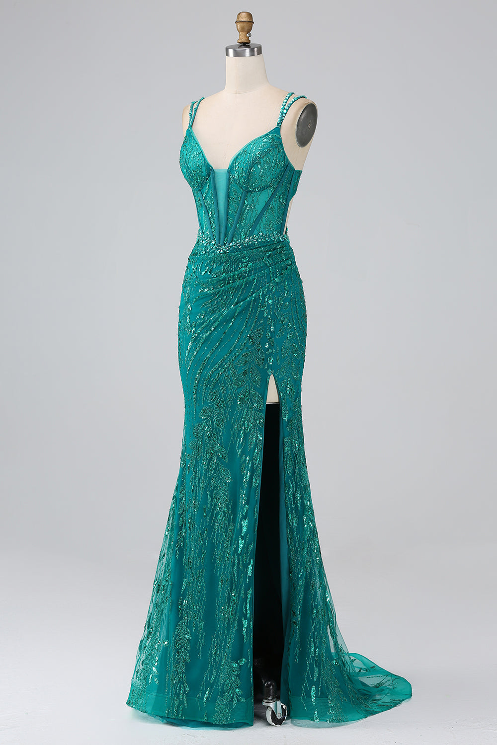 Dunkelgrünes glitzerndes Meerjungfrauen Spaghettiträger Korsett Ballkleid mit Schlitz