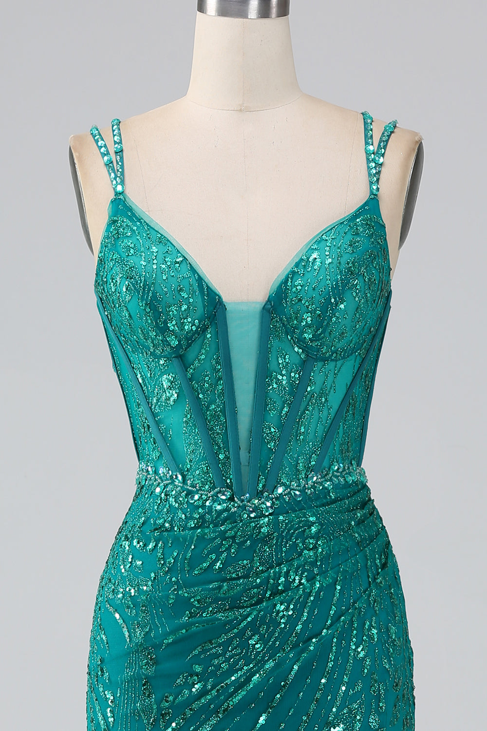 Dunkelgrünes glitzerndes Meerjungfrauen Spaghettiträger Korsett Ballkleid mit Schlitz