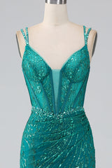 Dunkelgrünes glitzerndes Meerjungfrauen Spaghettiträger Korsett Ballkleid mit Schlitz
