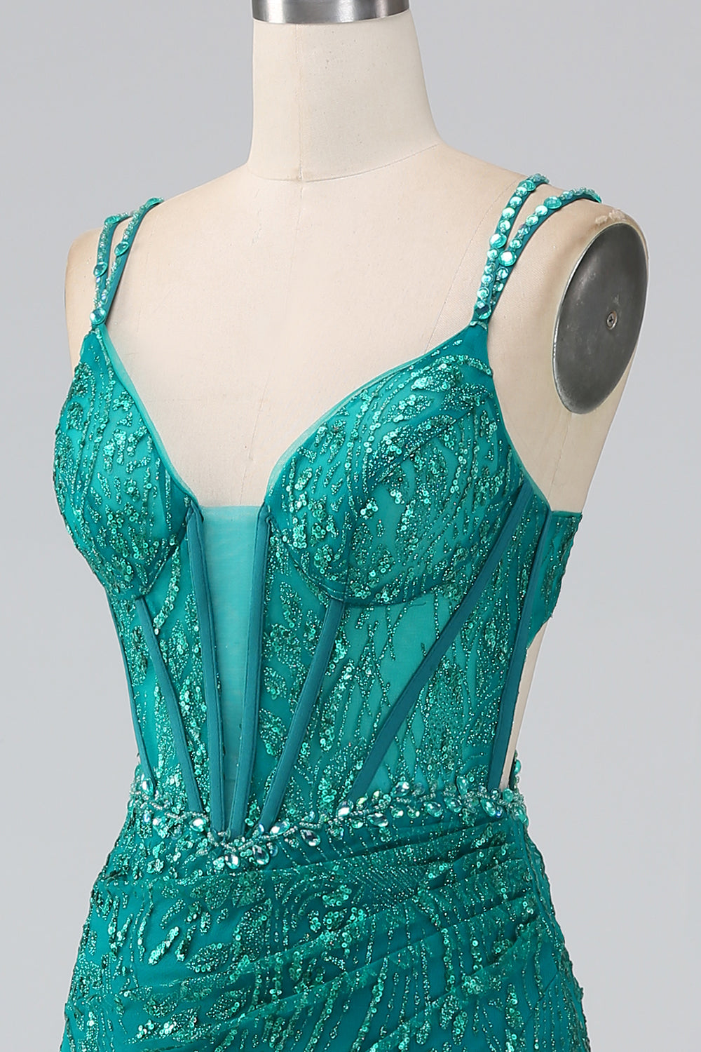 Dunkelgrünes glitzerndes Meerjungfrauen Spaghettiträger Korsett Ballkleid mit Schlitz