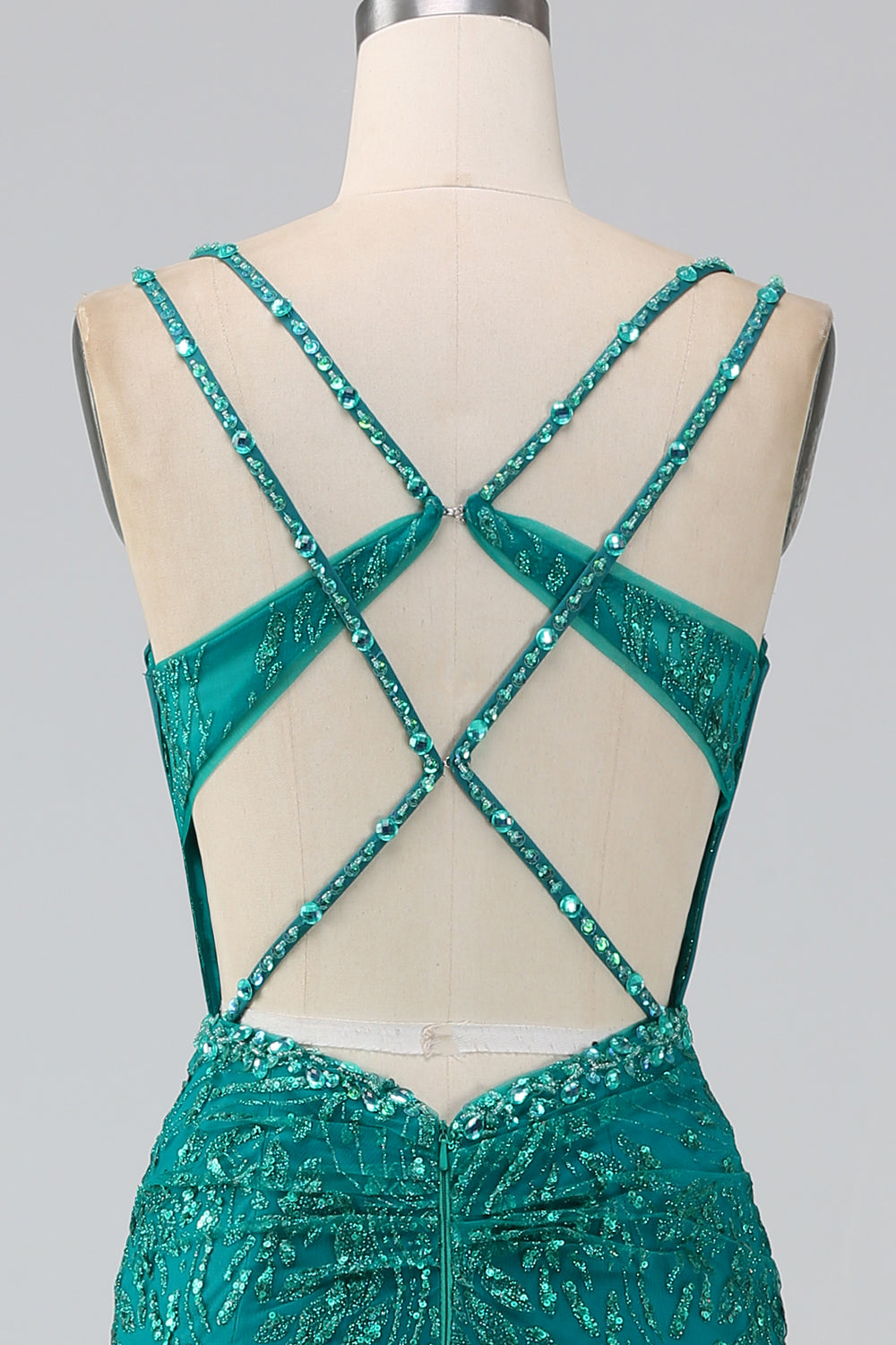 Dunkelgrünes glitzerndes Meerjungfrauen Spaghettiträger Korsett Ballkleid mit Schlitz