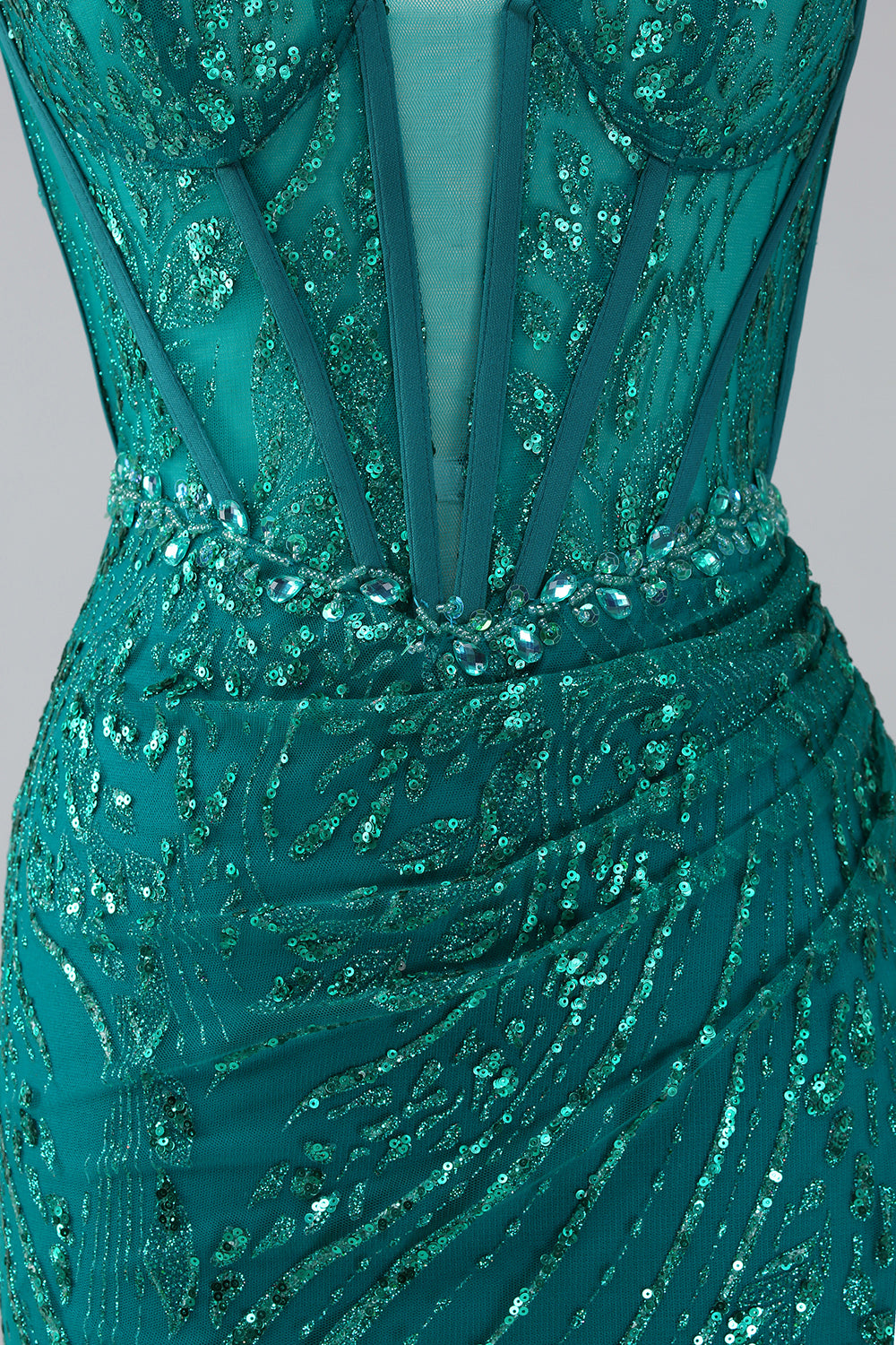 Dunkelgrünes glitzerndes Meerjungfrauen Spaghettiträger Korsett Ballkleid mit Schlitz