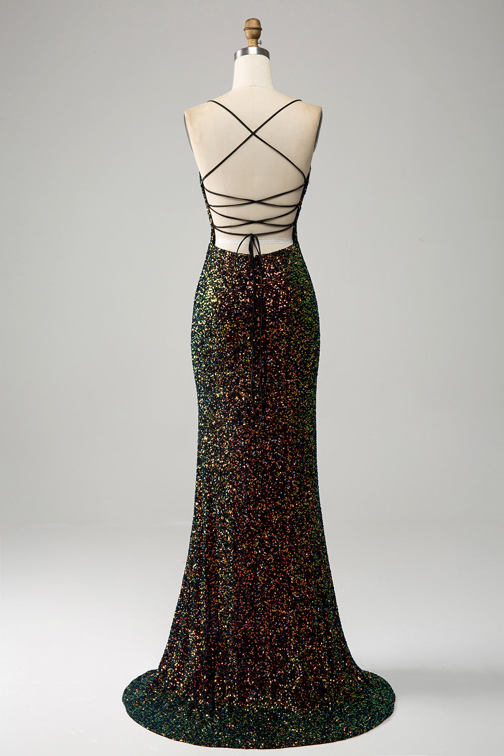Glitzer Schwarze Spaghettiträger Pailletten Meerjungfrau Ballkleid mit Schlitz