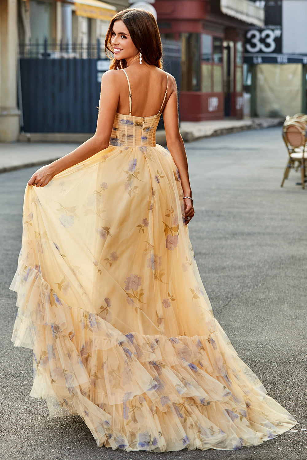 A-Linie Gelbes Neckholder Kleid aus Tüll mit Stickerei