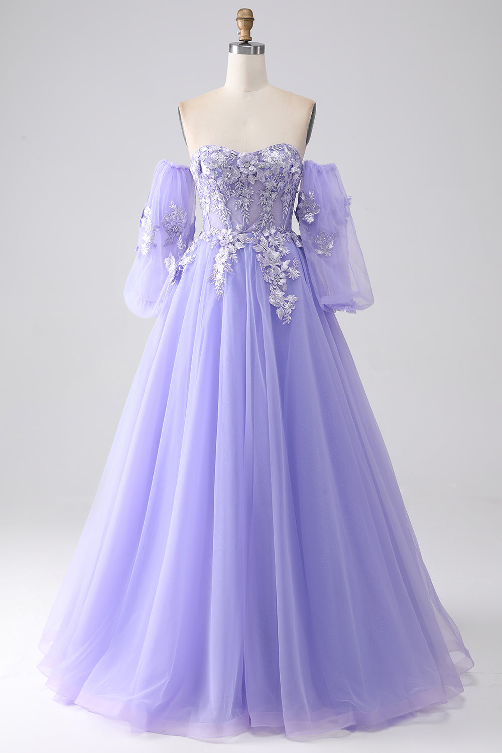 A-Linie Lavendel trägerloses Tüll Ballkleid mit Ärmeln