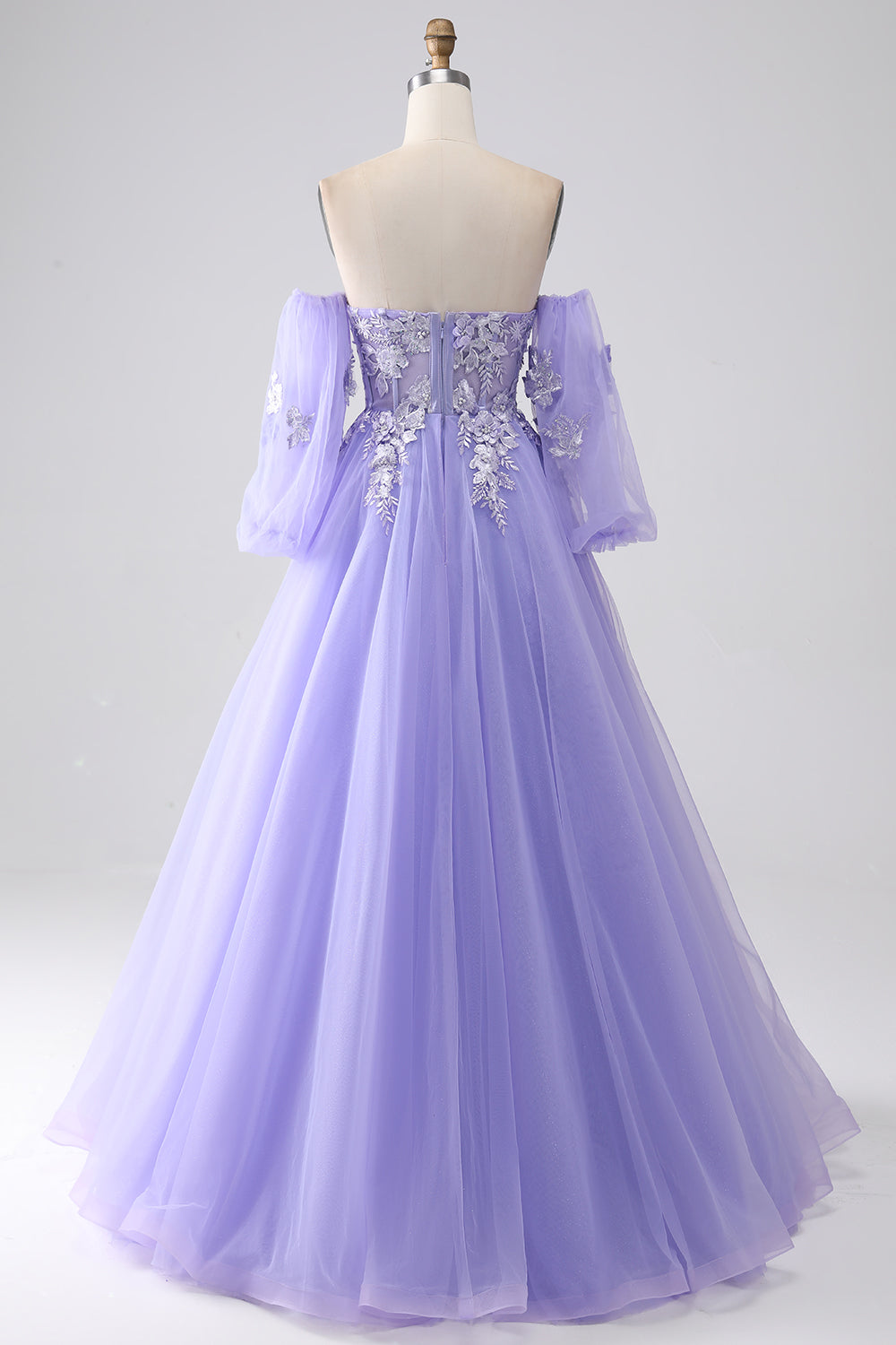 A-Linie Lavendel trägerloses Tüll Ballkleid mit Ärmeln