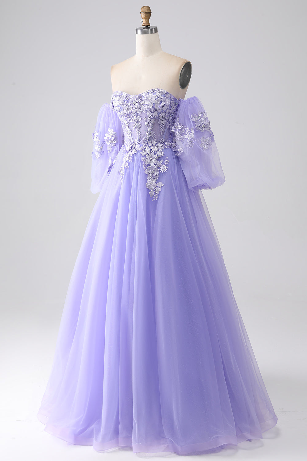 A-Linie Lavendel trägerloses Tüll Ballkleid mit Ärmeln