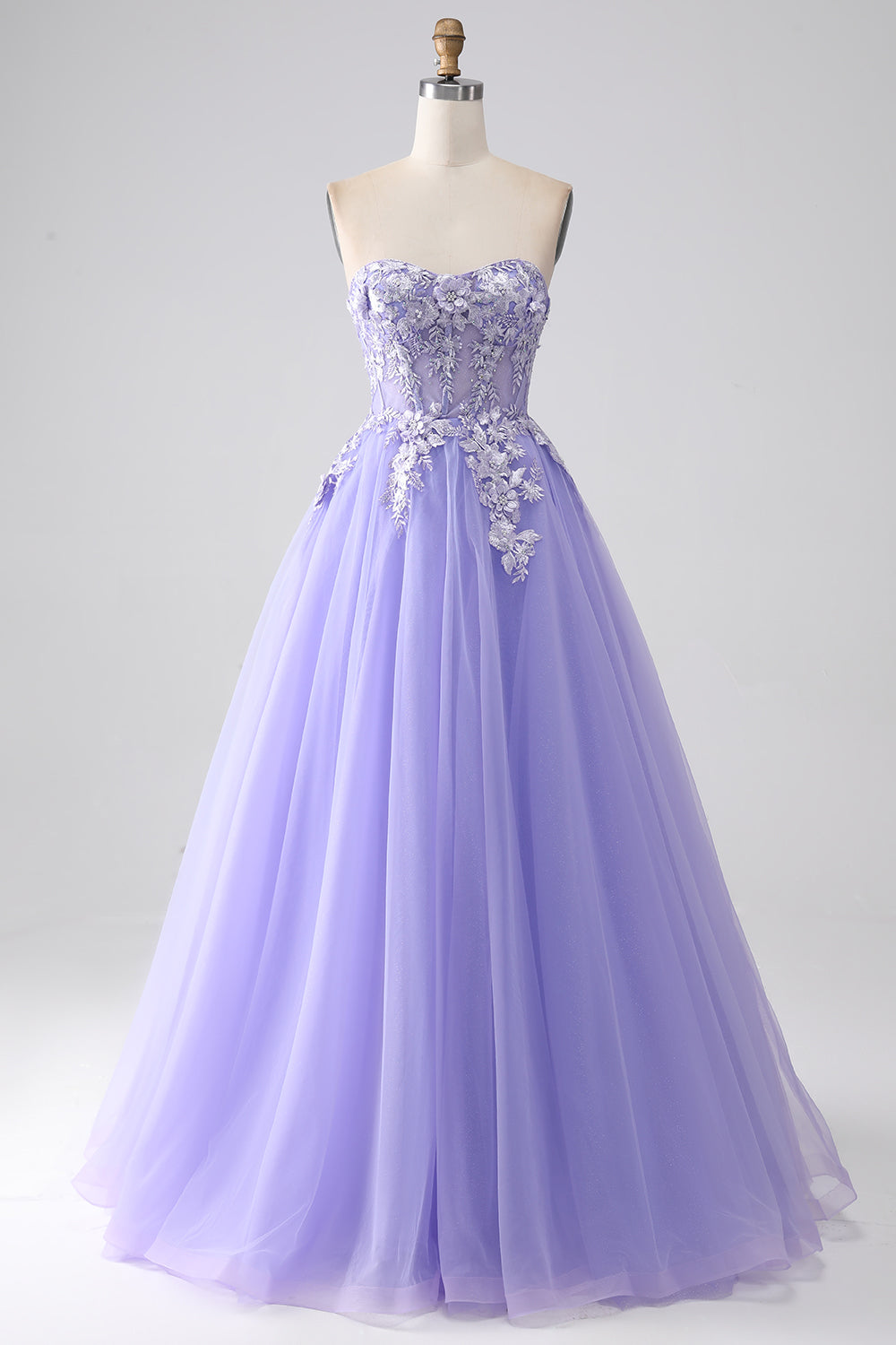 A-Linie Lavendel trägerloses Tüll Ballkleid mit Ärmeln