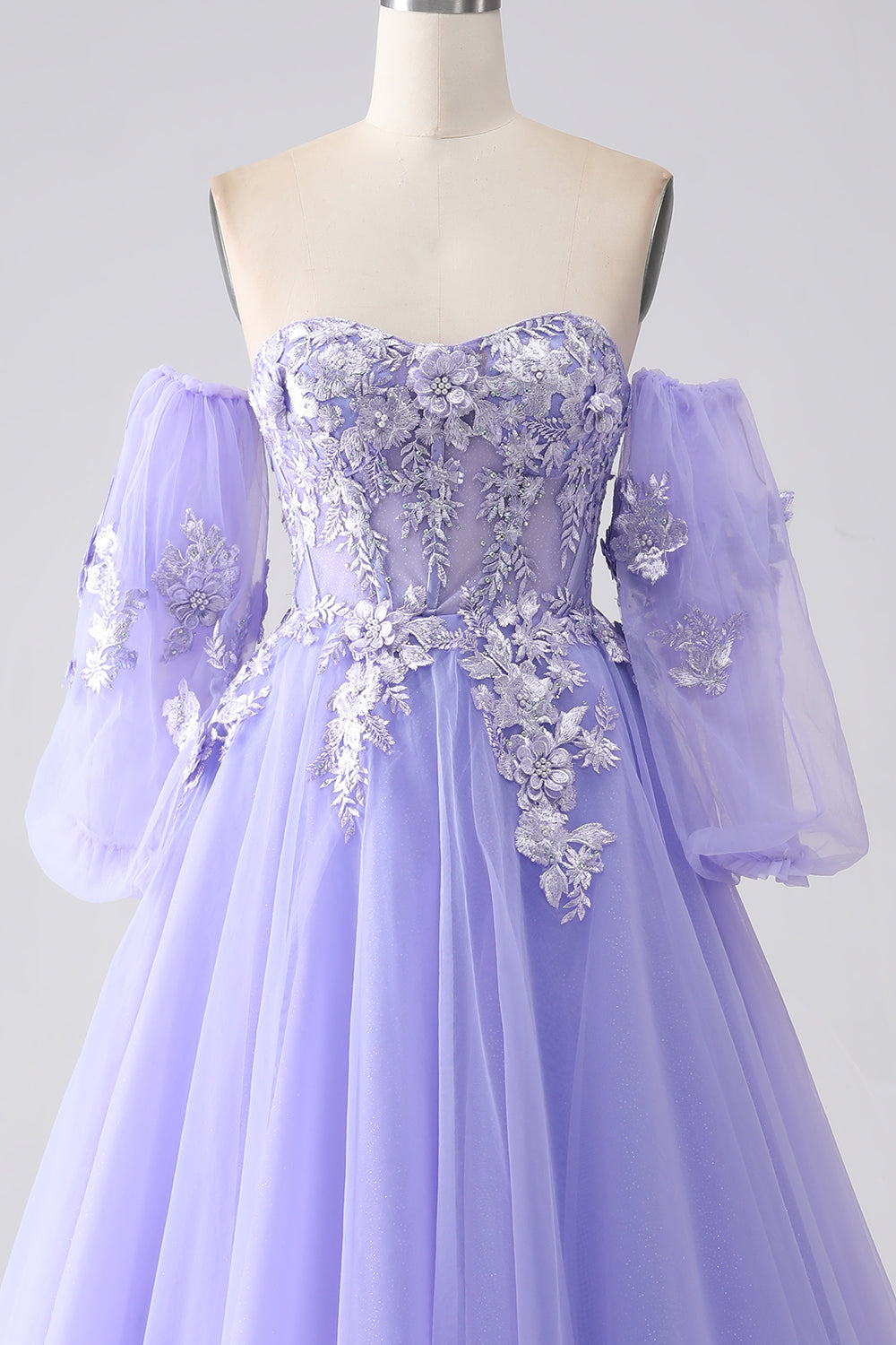A-Linie Lavendel trägerloses Tüll Ballkleid mit Ärmeln