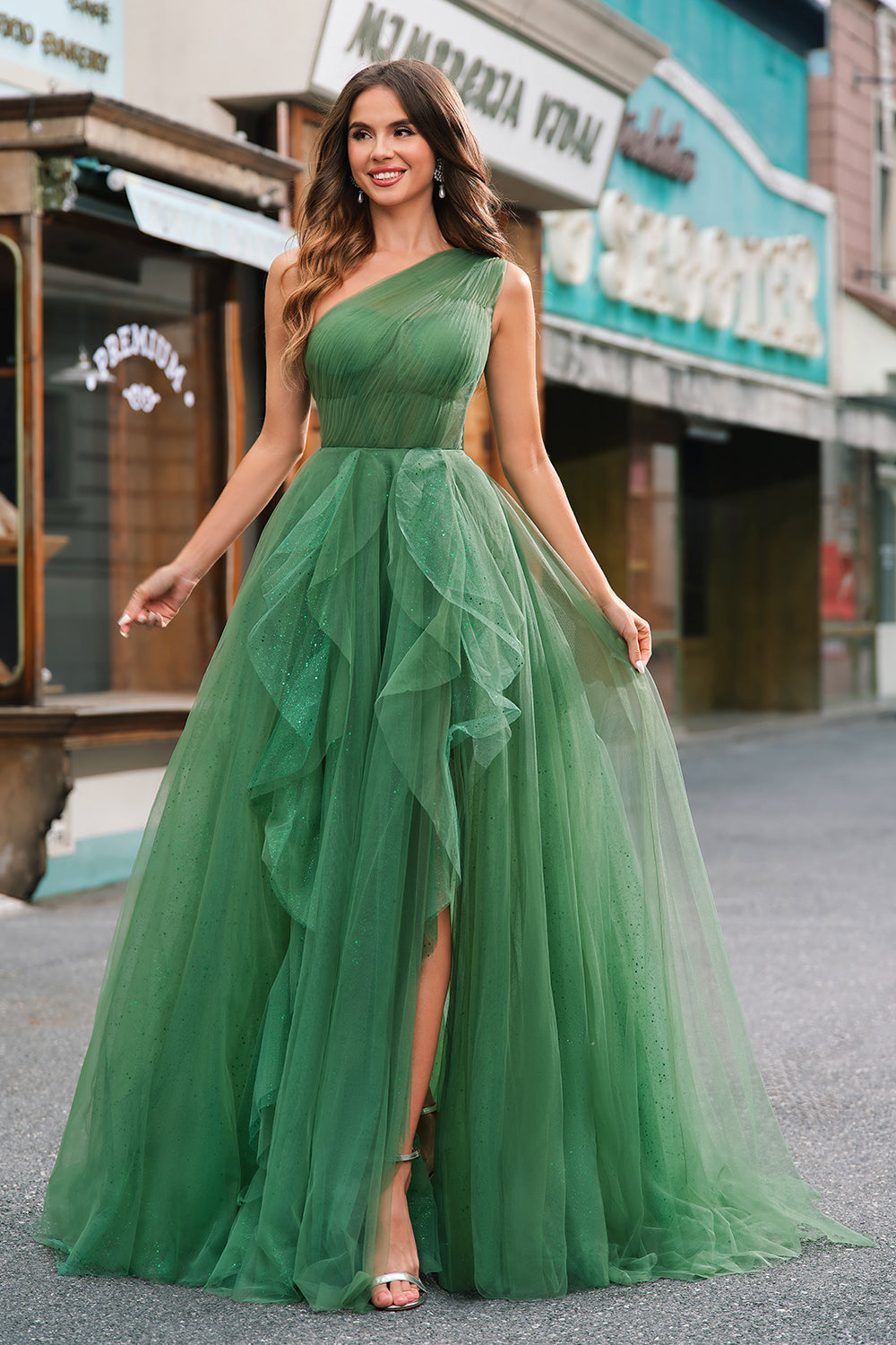 A-Linie Eine Schulter Tüll Ballkleid mit Schlitz Dunkelgrünes