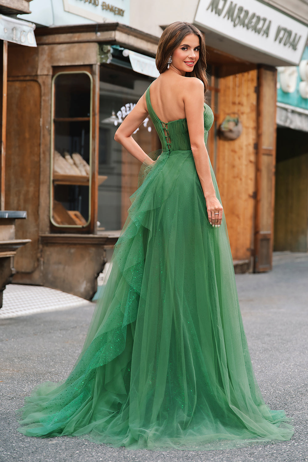A-Linie Eine Schulter Tüll Ballkleid mit Schlitz Dunkelgrünes