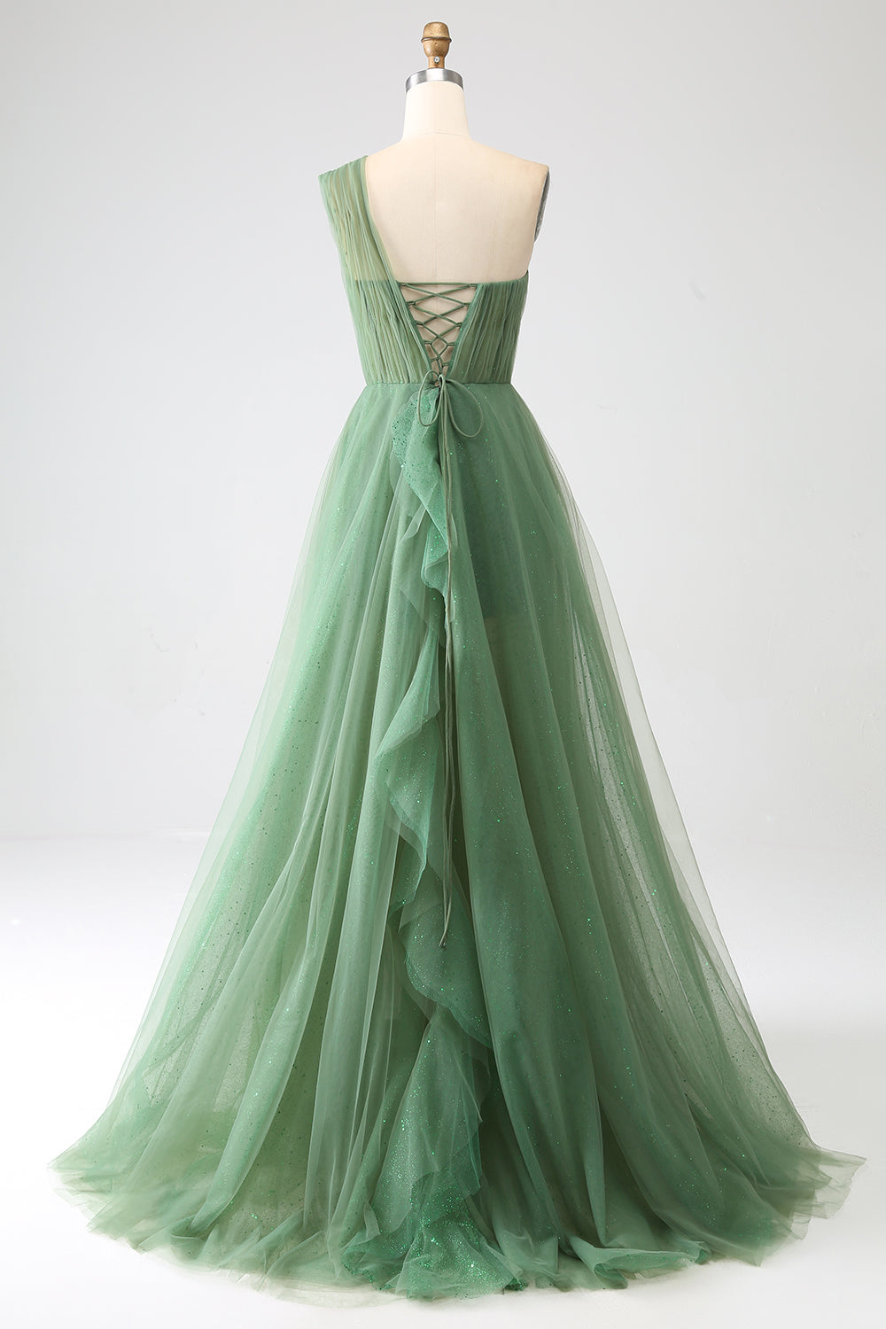 A-Linie Eine Schulter Tüll Ballkleid mit Schlitz Dunkelgrünes