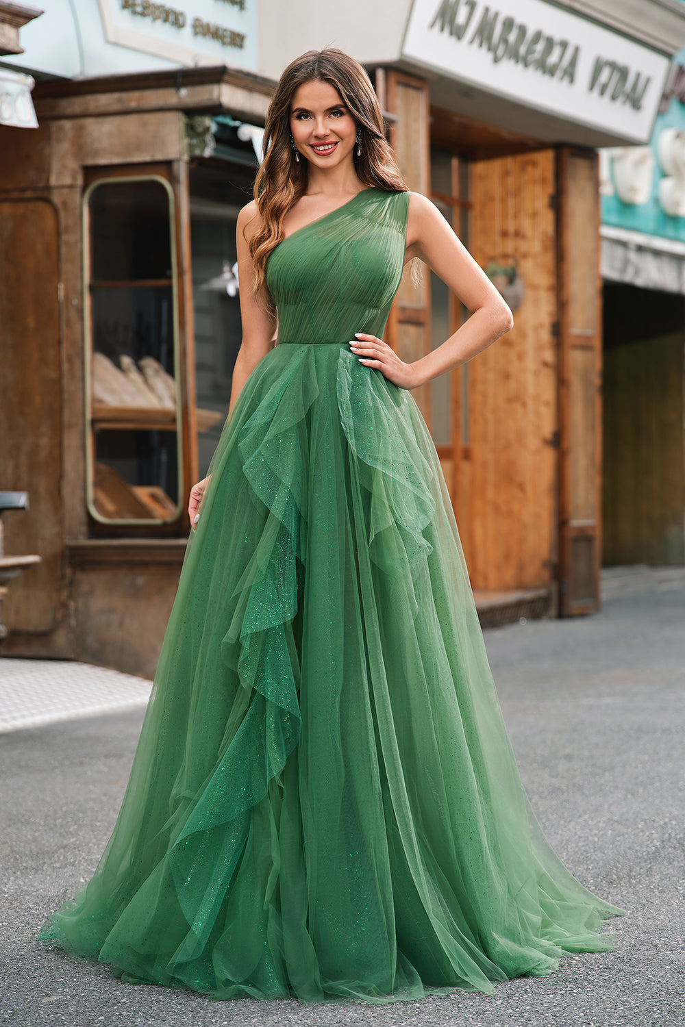 ZAPAKA Damen Langes Dunkelgrünes Tüll Ballkleid A-Linie Eine Schulter Langes Abendkleid
