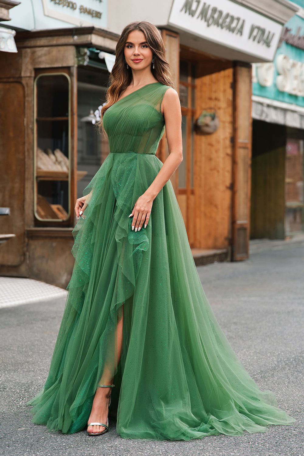 A-Linie Eine Schulter Tüll Ballkleid mit Schlitz Dunkelgrünes